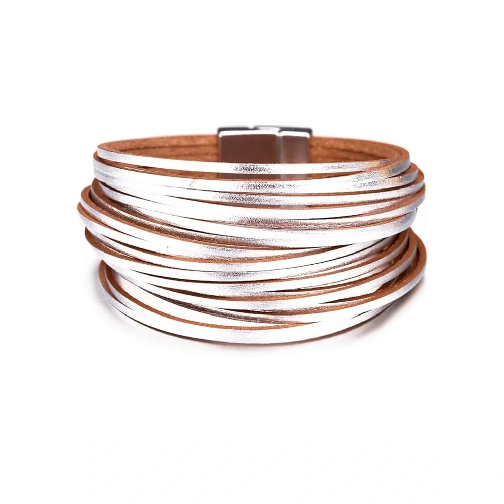 Silver and Tan Spiral Bracelet with Textured Leather Strands